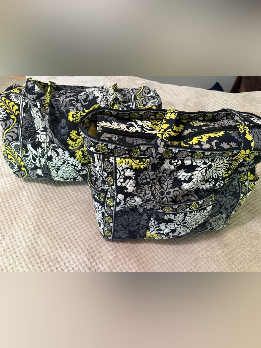 Vera Bradley Quilted Floral Tote and Duffel in Black, Gray & Yellow